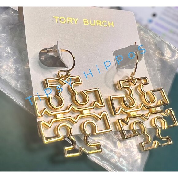 Beautiful Authentic Tory Burch Gold Britten Logo Drop Hoop Earrings - Picture 5 of 5